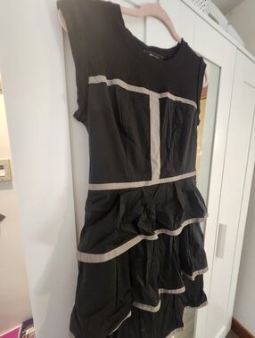 BCBG Black Tiered Ruffle Dress with Beige Trim